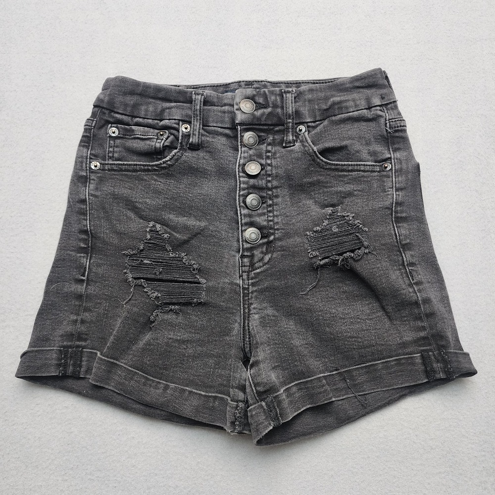 Aeropostale‎ Super High Rise Curvy Distressed Button Fly Denim Shorts Gray...